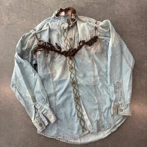 Vintage Y2k Denim Western Cowboy Fringe Joujou Jean Button Up Shirt Women's M